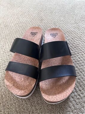 Reef Black Double-Strap Cork Slide Sandals